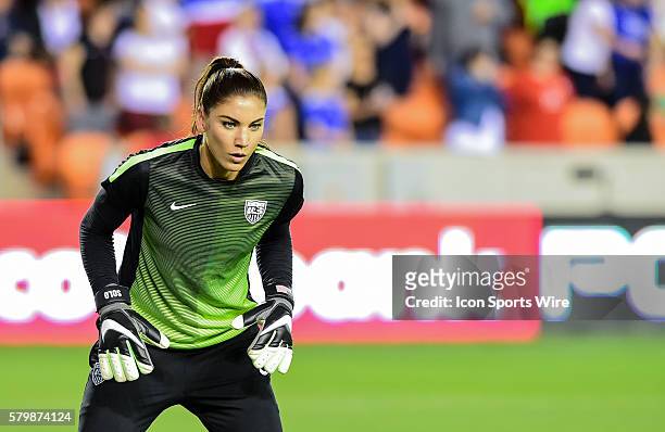 United States Goalkeeper Hope Solo is focused while warming up before the Women's Olympic qualifying soccer match between USA and Trinidad & Tobago...