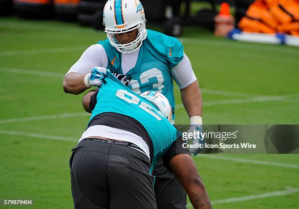 Miami Dolphins Defensive Tackle Ndamukong Suh picks up Miami Dolphins Defensive Tackle Deandre Coleman by his jersey during a practice session at the...