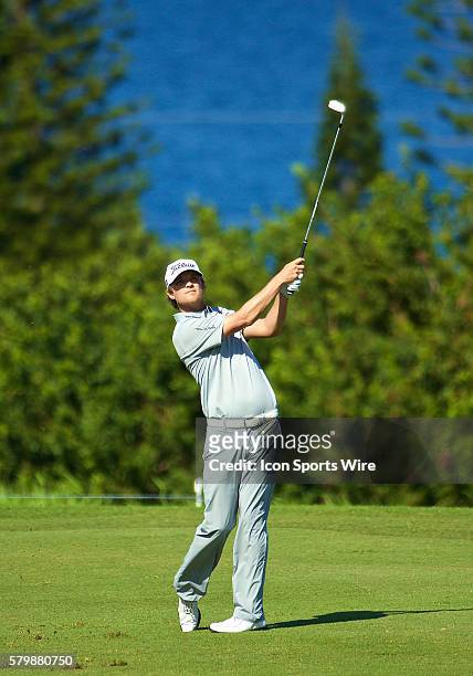 Matt Jones hits his second shot on the third hole of the First Round of the Hyundai Tournament of Champions at Kapalua Plantation Course on Maui, HI.