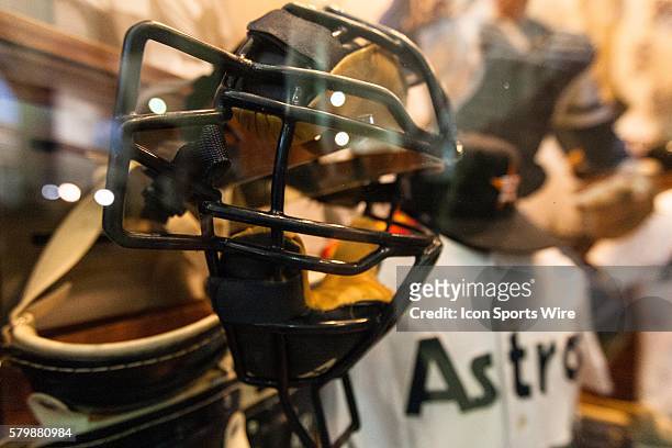 Former Astros and new elected HOF Craig Biggio game-used catchers memorbilia is on display at Union Station during the Craig Biggio Hall of Fame...