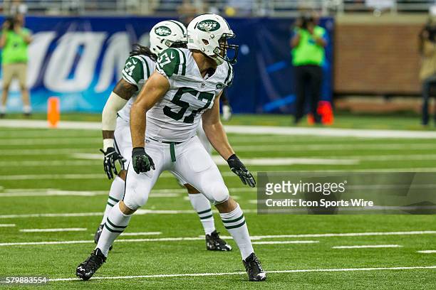 New York Jets linebacker Trevor Reilly during game action between the New York Jets and Detroit Lions during a preseason game played at Ford Field in...