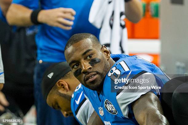 Detroit Lions wide receiver Calvin Johnson is seen on the sideline during game action between the New York Jets and Detroit Lions during a preseason...