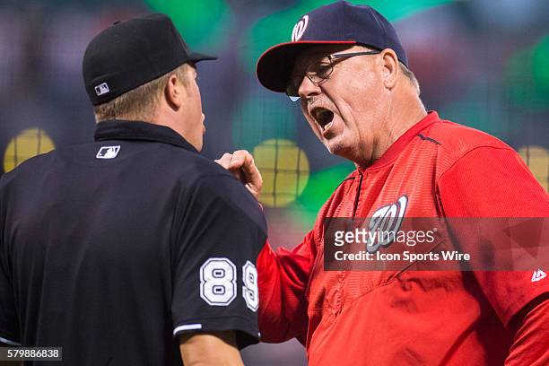Washington Nationals manager Matt Williams argues with umpire Cory Blaser after a call at home plate, during the MLB game between the San Francisco...