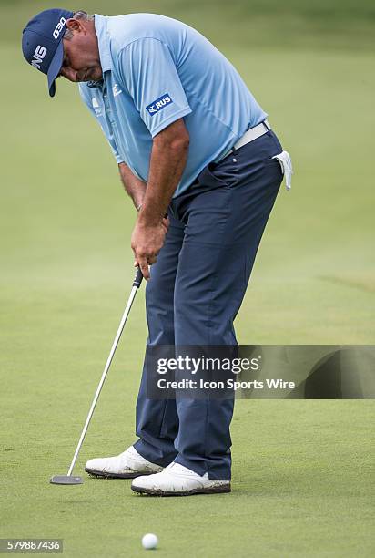 Angel Cabrera putts the ball on during the first round of the AT&T Byron Nelson at TPC Four Seasons Resort in Irving, TX.