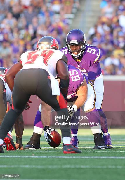 Minnesota Viking quarterback Teddy Bridgewater at the line of scrimmage against the Tampa Bay Buccaneers at TCF Bank Stadium in Minneapolis,Minnesota.