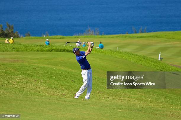 Chesson Hadley hits his second shot on number ten during the Final Round of the Hyundai Tournament of Champions at Kapalua Plantation Course on Maui,...