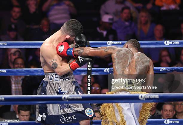 Bryan Vera is hit by Willie Monroe Jr. During their NABA/NABO middleweight championship fight at the Turning Stone Resort Casino in Verona, NY.