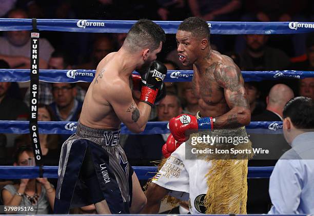 Bryan Vera measures up Willie Monroe Jr. During their NABA/NABO middleweight championship fight at the Turning Stone Resort Casino in Verona, NY.