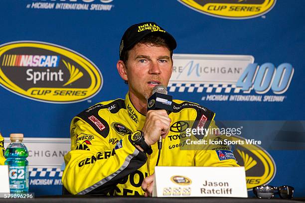 Sprint Cup Series crew cheif Jason Ratcliff answers questions from the media during the post-race press conference after his driver Matt Kenseth won...