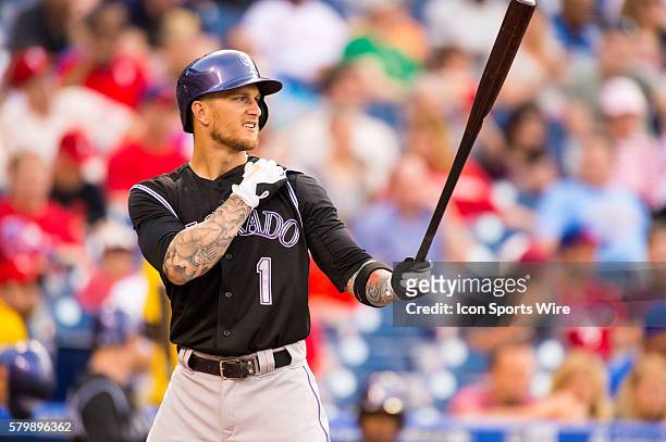 Colorado Rockies right fielder Brandon Barnes readies himself at the plate during the MLB game between the Colorado Rockies and the Philadelphia...