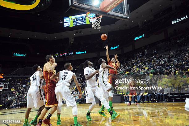 Southern California guard Jordan McLaughlin shoots during the Oregon Ducks game versus the USC Trojans at Matthew Knight Arena in Eugene, OR.