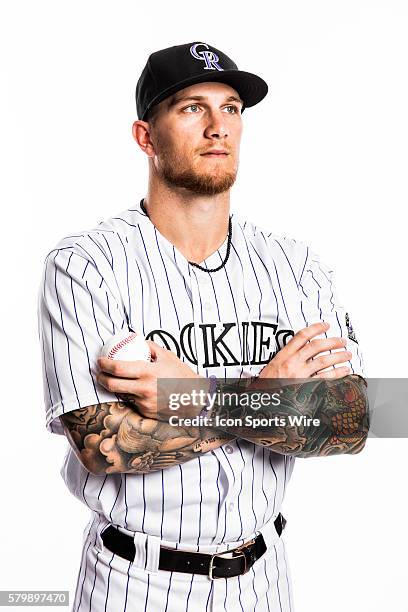 Outfielder Brandon Barnes poses for a portrait during the Colorado Rockies photo day in Scottsdale, Ariz.