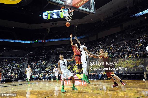 Southern California guard Jordan McLaughlin shoots during the Oregon Ducks game versus the USC Trojans at Matthew Knight Arena in Eugene, OR.