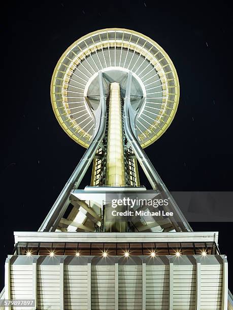 space needle at night - seattle space needle from below stock pictures, royalty-free photos & images