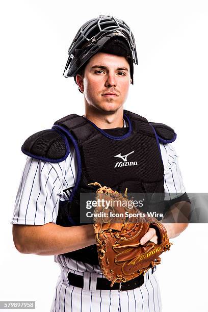 Catcher Ryan Casteel poses for a portrait during the Colorado Rockies photo day in Scottsdale, Ariz.