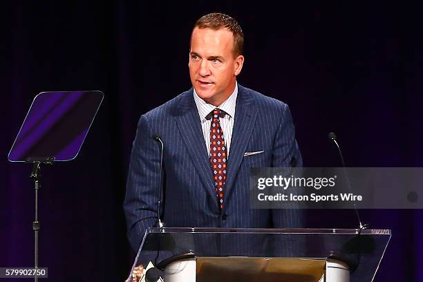 Peyton Manning speaks after receiving the 2015 Bart Starr Award during the 28th Annual NFL-Sanctioned Super Bowl Breakfast. The breakfast was held at...