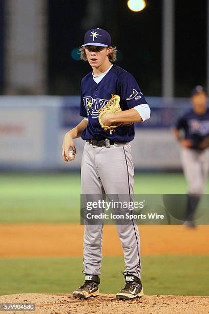 Tyler Baum in action during the 2015 East Coast Pro Showcase at Steinbrenner Field in Tampa, Florida.