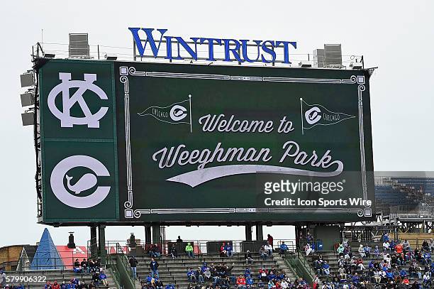 The scoreboard at Wrigley welcomes fans to Weegham Park, Weegham would become Wrigley Field in 1916, Chicago, Il.
