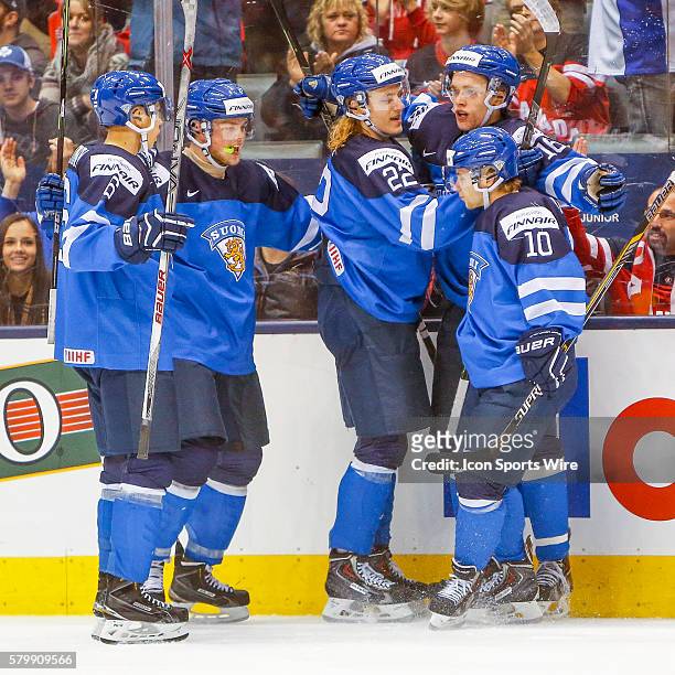 Mikko Rantanen of Finland and teammates celebrates his goal again Sweden during Sweden's 6-3 victory over Finland at the IIHF World Junior...