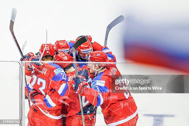 Russian teammates celebrate goal during Russia's 4-1 victory over Sweden at the IIHF World Junior Championship at Air Canada Centre in Toronto,...