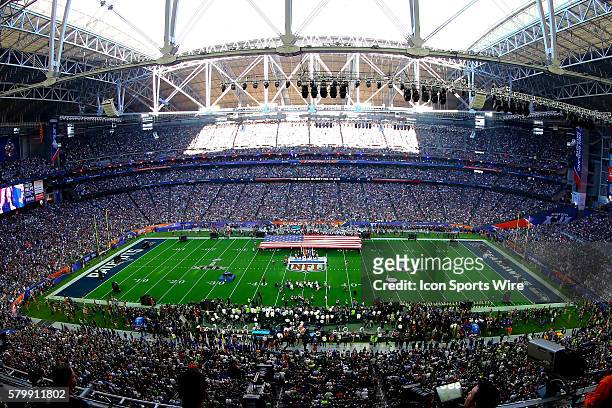 The University of Phoenix Stadium during the National Anthem. Super Bowl XLIX. The New England Patriots defeat the Seattle Seahawks 28-24 in Super...