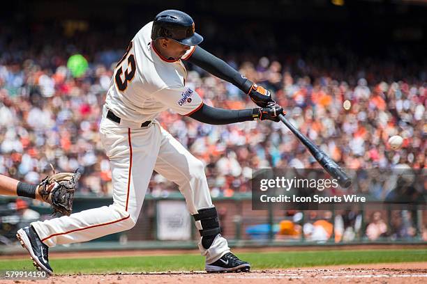 San Francisco Giants right fielder Justin Maxwell at bat during the game between the San Francisco Giants and the Pittsburgh Pirates at AT&T Park in...