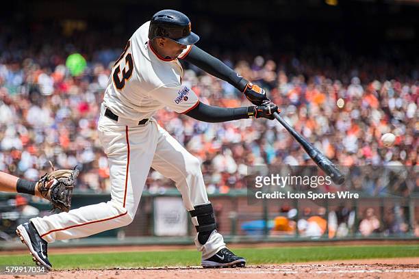 San Francisco Giants right fielder Justin Maxwell at bat during the game between the San Francisco Giants and the Pittsburgh Pirates at AT&T Park in...