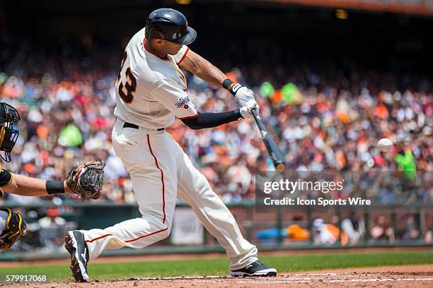 San Francisco Giants right fielder Justin Maxwell at bat during the game between the San Francisco Giants and the Pittsburgh Pirates at AT&T Park in...