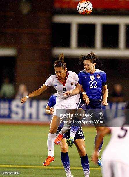 United States of America defender Meghan Klingenberg and Costa Rica forward Carolina Venegas head the ball in the second half of play. United States...