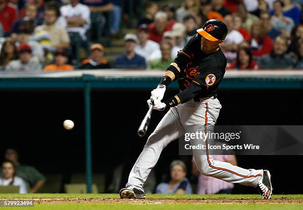 Baltimore Orioles second baseman Ryan Flaherty singles in the ninth inning, during the MLB game between the Baltimore Orioles and the Cleveland...