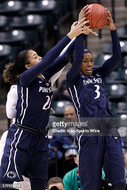 Penn State Nittany Lions guard Brianna Banks and Penn State Nittany Lions forward Jaylen Williams go up for the rebound during the Women's Big Ten...