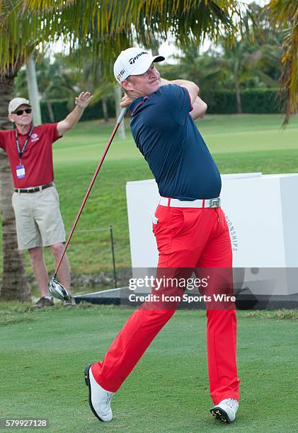 Jamie Donaldson of Wales tees off at the 2nd hole during the second round of the World Golf Championships-Cadillac Championship at Trump National...