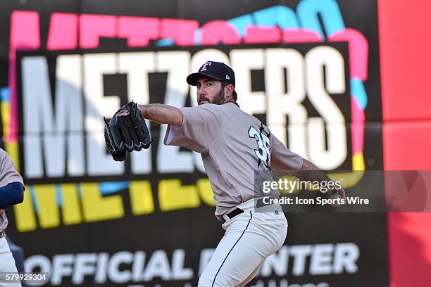 Detroit Tigers starting pitcher Justin Verlander warms up in the bullpen during his rehabilitation start in the game on Saturday evening, Fifth Third...