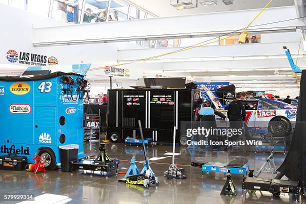 The garage area for driver Aric Almirola Richard Petty Motorsports Ford Fusion during practice for the Kobalt Tools 400 Sprint Cup Series at Las...