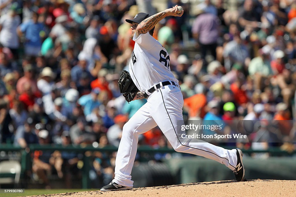 Spring Training Game Drake Britton of the Tigers during the spring training game between ...