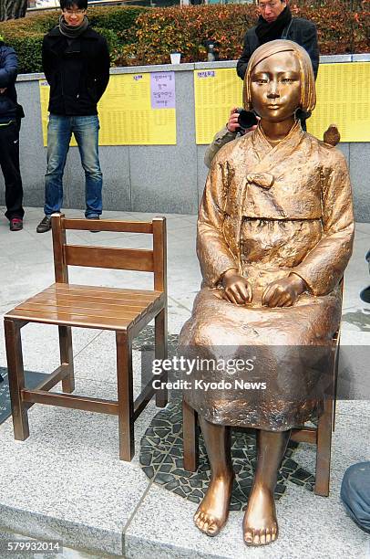 South Korea - A statue of a seated young Korean girl in traditional costume is set up in front of the Japanese Embassy in Seoul on Dec. 14 by a South...