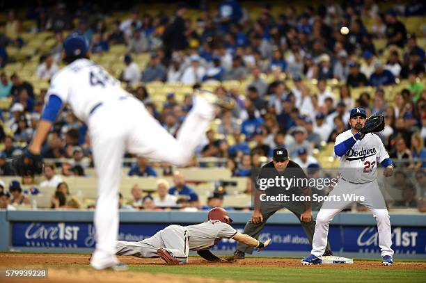 Los Angeles Dodgers Pitcher Mike Bolsinger [10131] turns to first and throws Los Angeles Dodgers First base Adrian Gonzalez [3208] while trying to...