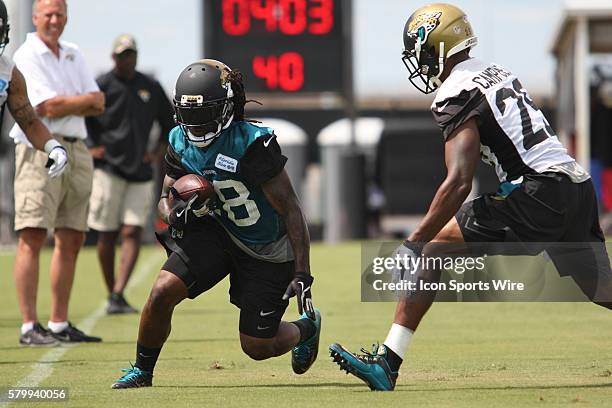 June 9th 2015 - Jacksonville, FL, USA - WR Ace Sanders runs pass CB Tommie Campbell during the Jacksonville Jaguars OTA's held at the Florida Blue...