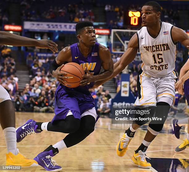 Northern Iowa guard Jeremy Morgan drives in for a shot during a Missouri Valley Conference Championship basketball game between the Wichita State...