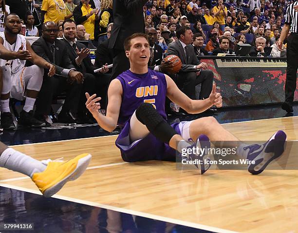 Northern Iowa guard Matt Bohannon reacts after drawing a foul in the second half during a Missouri Valley Conference Championship basketball game...