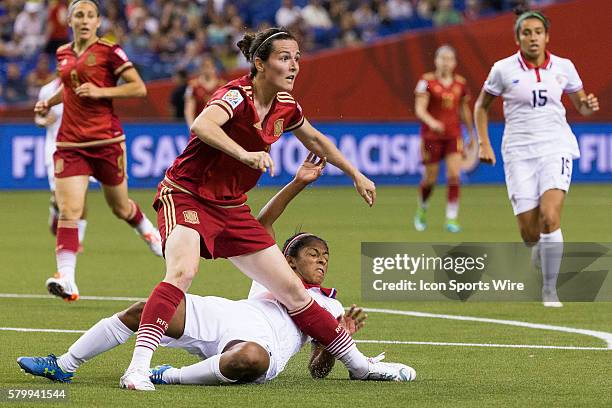 Costa Rica defender Diana Saenz collides with Spain forward Natalia Pablos during the 2015 FIFA Women's World Cup Group E match between Spain and...