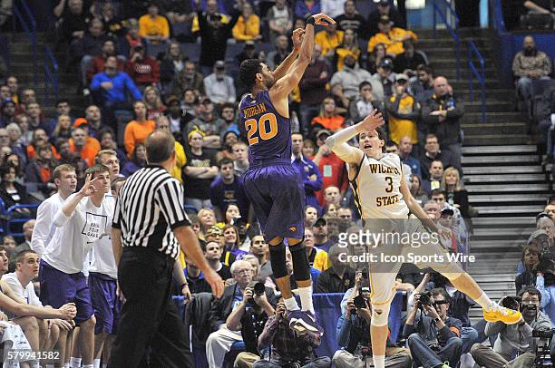Northern Iowa guard Jeremy Morgan sinks the game-winning three-point shot for Northern Iowa during a Missouri Valley Conference Championship...