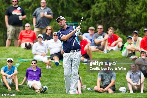 Marc Leishman watches his tee shot on the eighth hole during the final round of the Memorial Tournament presented by Nationwide Insurance held at...