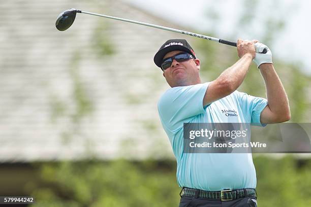 Carl Pettersson watches his tee shot on the 10th hole during the final round of the Memorial Tournament presented by Nationwide Insurance held at...