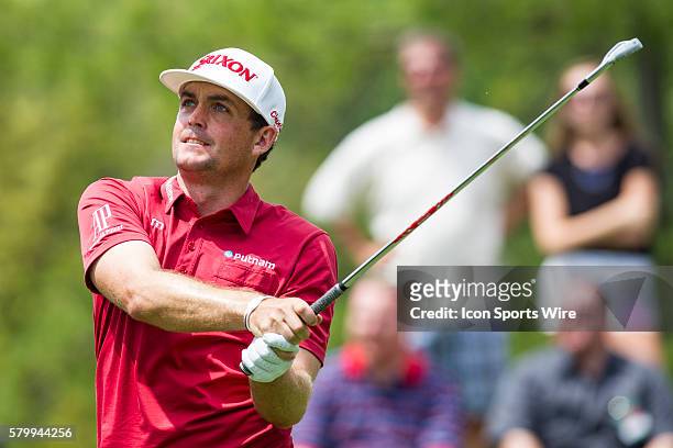 Keegan Bradley watches his tee shot on the eighth hole during the final round of the Memorial Tournament presented by Nationwide Insurance held at...