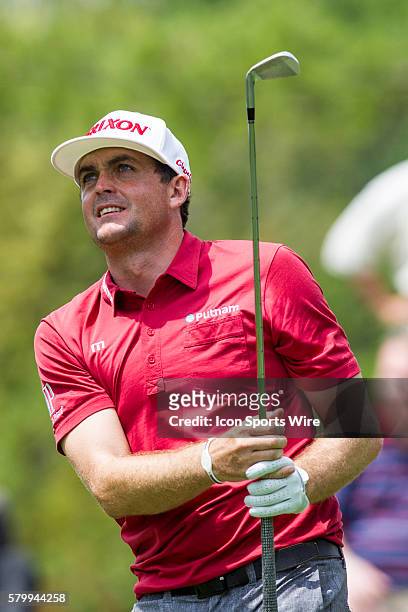 Keegan Bradley watches his tee shot on the eighth hole during the final round of the Memorial Tournament presented by Nationwide Insurance held at...