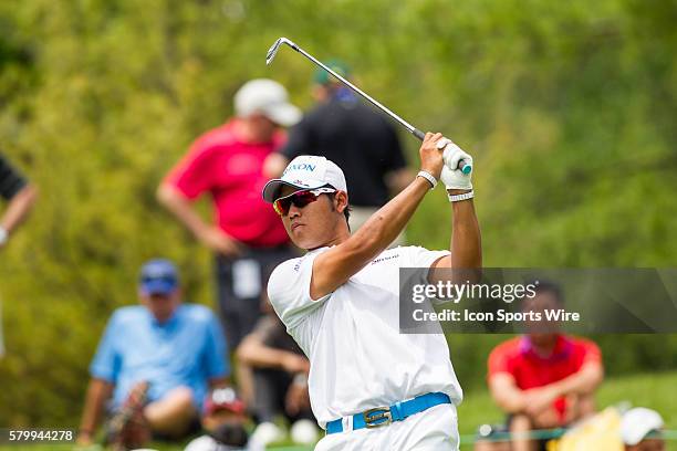 Hideki Matsuyama watches his tee shot on the eighth hole during the final round of the Memorial Tournament presented by Nationwide Insurance held at...