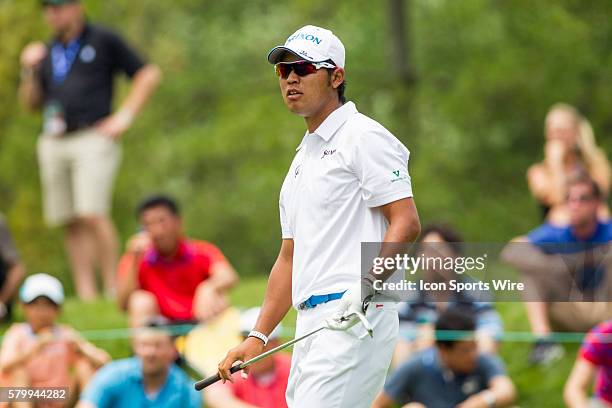 Hideki Matsuyama watches his tee shot on the eighth hole during the final round of the Memorial Tournament presented by Nationwide Insurance held at...