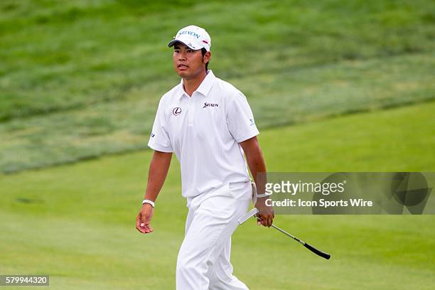 Hideki Matsuyama walks onto the 18th green during the final round of the Memorial Tournament presented by Nationwide Insurance held at Muirfield...