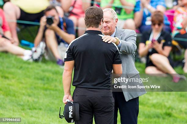 Jack Nicklaus talks with David Lingmerth at the conclusion of his round during the final round of the Memorial Tournament presented by Nationwide...